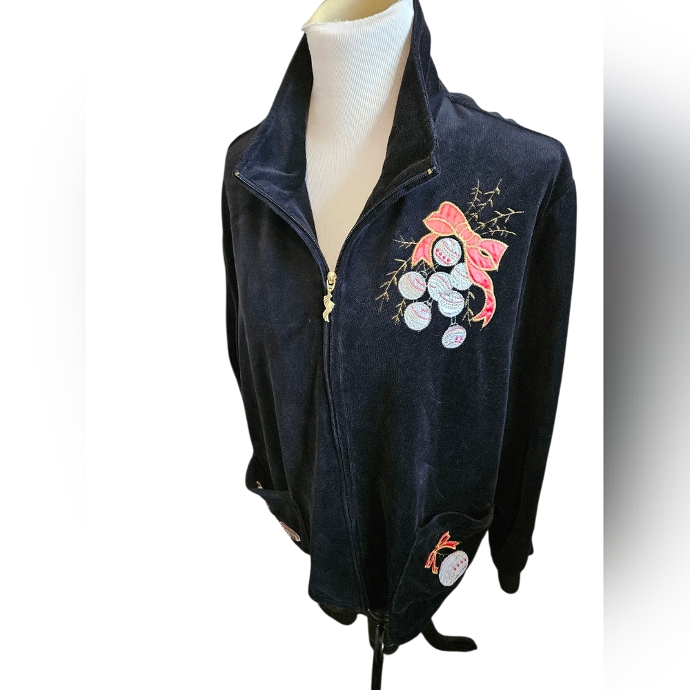 Black Embroidered Holidat Zip-Up Women's Jacket Size 3X
